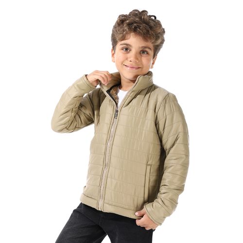 product_image_name-Andora-Boy's Waterproof Padded Jacket With Fur - Dark Beige-2