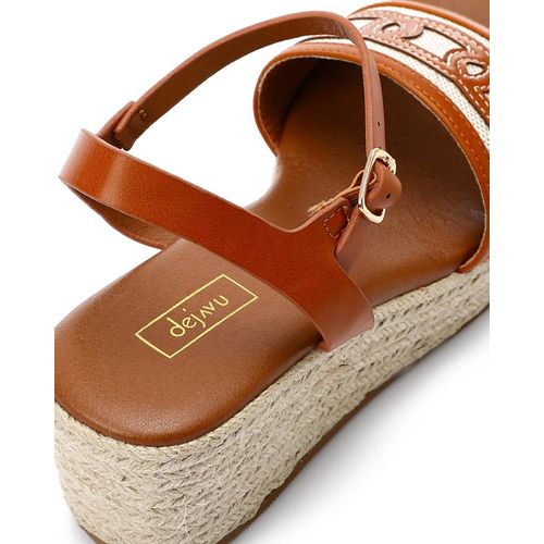 product_image_name-Dejavu-Open Toe Shape Stitched Wedge Sandals - Caramel Brown & Beige-5