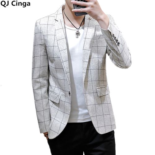 تسوق (Black)Off White Plaid Suit Jacket Spring and Autumn New Terno Masculino Business Casual Blazer Homme Fashion Slim Coat SHA اونلاين | جوميا مصر