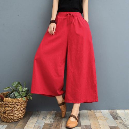 Fashion (Red)Plus Size Cotton Linen Pants Women Spring High Waist Calf- Length Wide Leg Pants Casual Summer Trousers Women's Pants Streetwear WEF @  Best Price Online