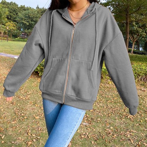 Generic Women's Solid Color Cotton Blend Zipper Hoodie Jacket Loose Top  Grey L @ Best Price Online