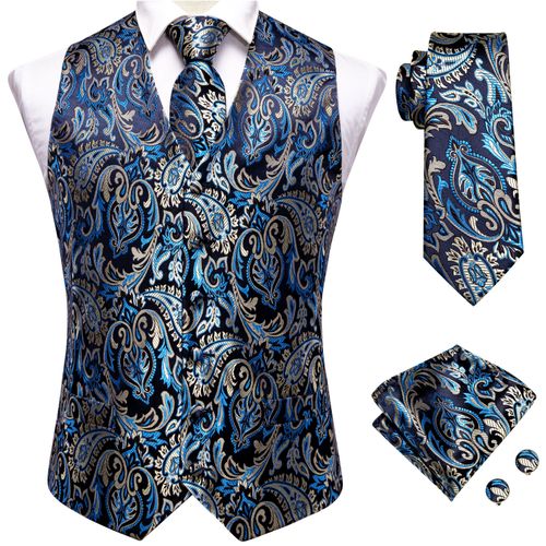 تسوق Hi-Tie Black Gold Floral Silk Dress Vest Set For Men Dark Blue  Jacquard Men's-V2-MJ-0043 اونلاين