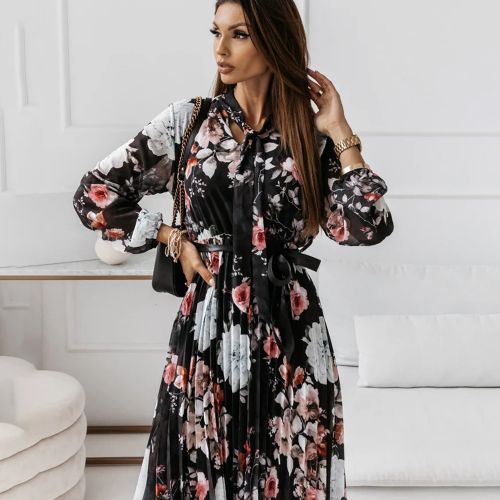 Fashion (9071-Blck)Chiffon Long Sleeve Floral Print Dress Women Autumn  Casual Deep V Neck Green Pleated Office Dresses For Women Robe Femme MAA @  Best Price Online