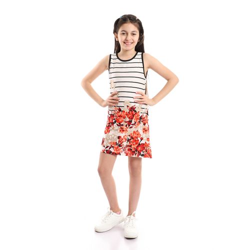 اشتري Kady Bi-Tone Striped Cotton Girls Dress - Multicolour Melon في مصر