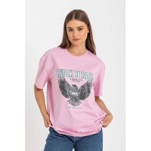 product_image_name-Esla-Short Sleeves Urban Rocker Eagle Print Tee - Pink-2
