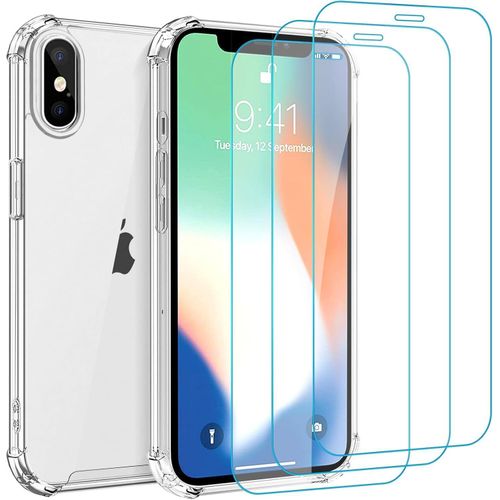 product_image_name-Generic-Case for iPhone X/XS with 3 Pieces Tempered Glass Screen Protector, Transparent Silicone TPU Bumper Case Cover, Anti-Yellowing, Anti-Scratch, Hard Back HD Clear Case-1