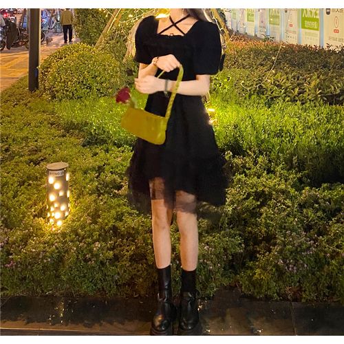 Fashion Short Sleeve New Gothic Women Black Fairy Party Dress