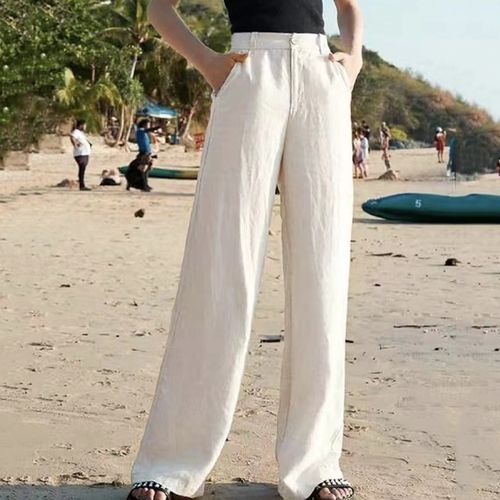 Women Summer Pull On Pants Casual Loose Cotton And Linen Solid