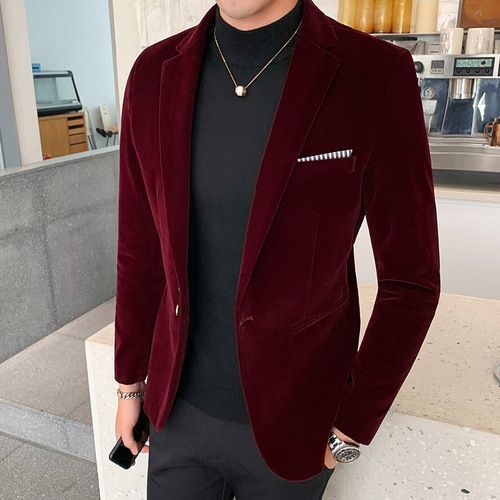Fashion Red 2022 Men Golden Velvet Suit Male Slim High Quality