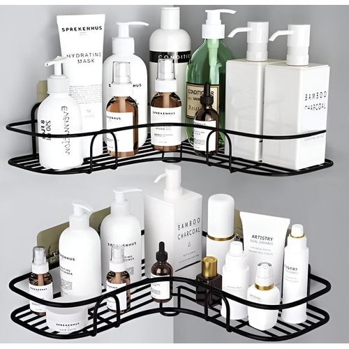 Modern Steel Bathroom Shelf - Self-Adhesive Magnetic Corner Organizer in Black, Complete with Holder for Shampoo, Relaxing Accessories, and Soap for Compact Bathrooms