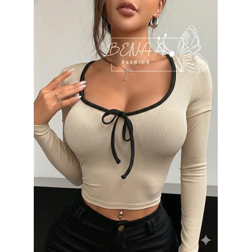 product_image_name-BENAA FASHION-Women's Ribbed Cotton Crew Neck Bow long Sleeve T-Shirt - baige - with black stripe -2