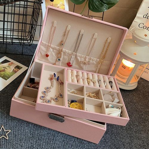 product_image_name-Generic-صندوق منظم مجوهرات مزدوج الطبقات بسعة كبيرة مصنوع من جلد البولي يوريثان، مناسب لتخزين الخواتم والأقراط والقلائد، منظم مجوهرات مثالي للسفر للنساء (وردي) (BO*1009)-2