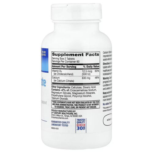 product_image_name-21st Century HealthCare-أقصى تركيز سيترات الكالسيوم + فيتامين D3، 120 قرصاً-2