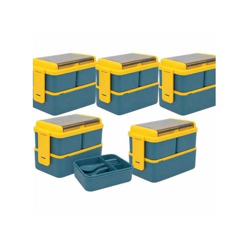 product_image_name-Generic-5-Pack Stackable Bento Lunch Boxes â€“ Double-Layer 1400ML Leak-Proof Food Container Set with 3 Compartments, Microwave & Dishwasher Safe, Includes Reusable Fork & Spoon (Blue)-1