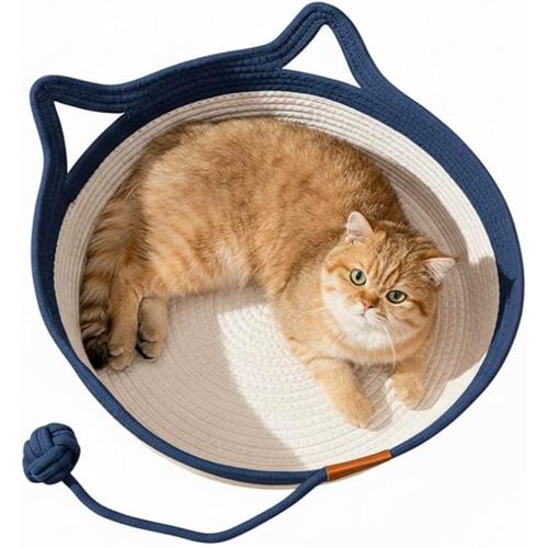 product_image_name-Generic-MZ Luxury Hand-Woven Cat Bed for Indoor Cats, Cozy Deep Blue & Cream Rope Basket with Play Ball, Stylish Cat Condo/House, 36 cm Diameter-1