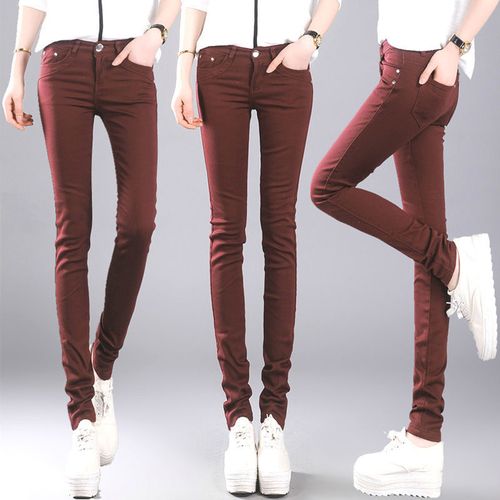Fashion (Burgundy)Women's Stretch Pants Pockets Casual Colors