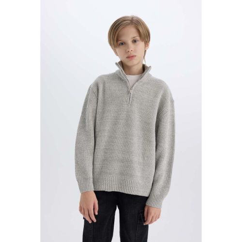 product_image_name-Defacto-Boy Zip-Up Turtle Neck Regular Fit Pullover - Grey Melange-2