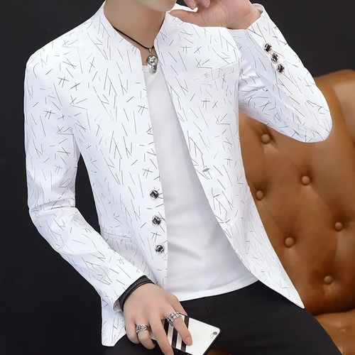 Fashion White Men s Printed Short Suit Jacket Male Korean Fashion