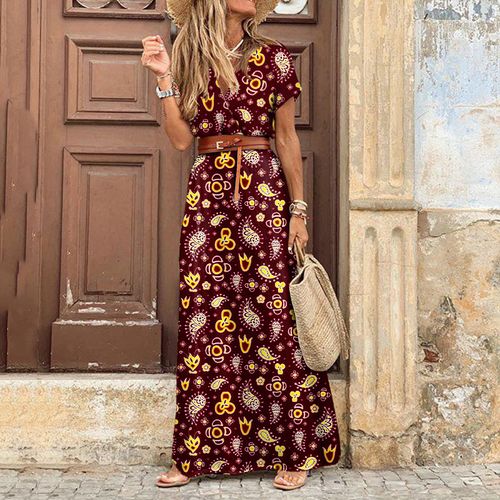 Fashion (Wine)Summer Boho Long Dress Women Casual 7 Colors Printed