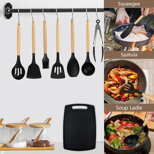 product_image_name-Generic-19 Pieces Kitchen Utensil Set, Silicone Knife and Utensil Set with Holder, Multi-Use Wooden Handles, (Black)-1
