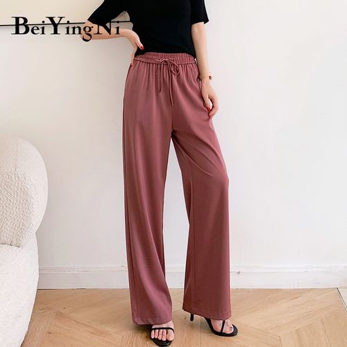 Fashion （Brick-red）Beiyingni High Waist Wide Leg Pants Women Solid Color  Oversized Silk Satin Vintage Black Pink Pants Female Casual Loose Trousers  WJu @ Best Price Online