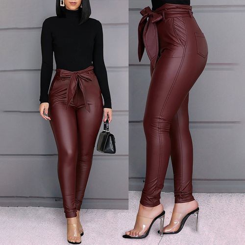 Women's Stretchy Faux Leather Leggings Pants Sexy Red High Waisted