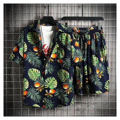 2 Piece Outfit Mens Trend Printed Shirt + Pants Set Casual Short