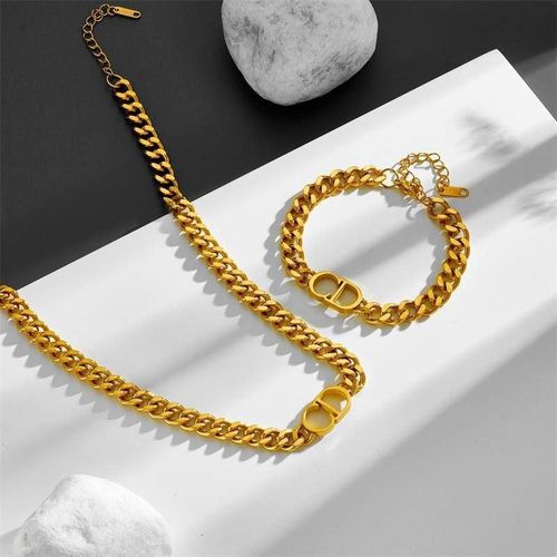 product_image_name-Generic-مجموعة عقد وسوار مزدوجة من الستانلس ستيل بشكل D مزدوج، مقاومة للماء، لا تصدأ، لا تغير لونها لجميع الأشخاص-1