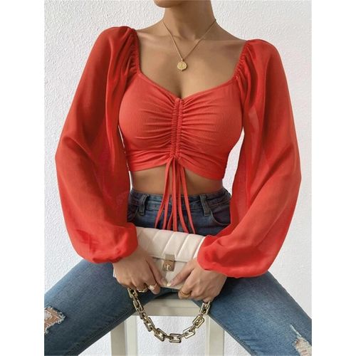 Fashion (Watermelon Red)Sexy V-neck Women Blouses Drawstring Long