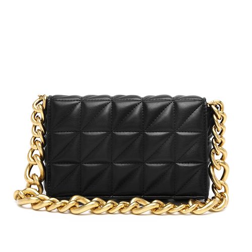 Black Mini Square Quilted Chunky Gold Chain Cross Body Bag