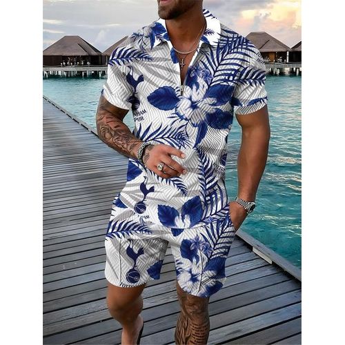 2 Piece Outfit Mens Trend Printed Shirt + Pants Set Casual Short