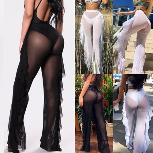 JYEMDV Ruffle Women Beach Mesh Sexy Pants Sheer Leg Pants Transparent See  Through Cover Up Bikini Trouser (Color : Black, Size : Large) : :  Clothing, Shoes & Accessories