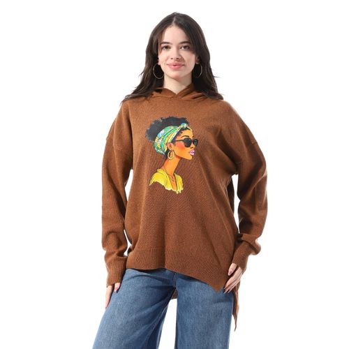 Andora Loose Fit Pullover With Chest Pattern - Brown