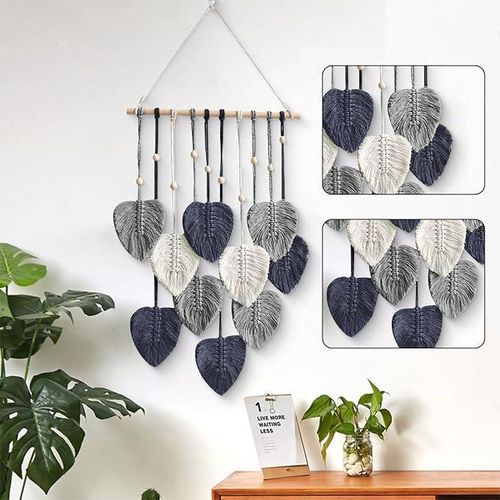 product_image_name-Antikiano-مكرمية للتعليق على الحائط مصنوعة يدويا ديكور منزلي بوهو نسيج منسوج شكل ورقة شجر الريش رمادي-1