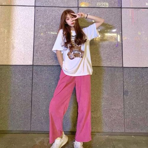 Fashion (As Pic)Pink Corduroy Wide Leg Pants Women Korean Style