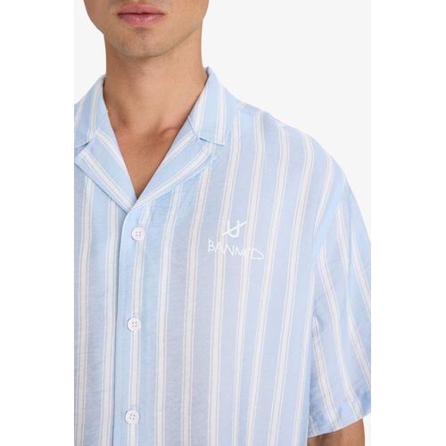 product_image_name-Defacto-Relax Fit Apaş Yaka Baskılı Dokuma Çizgili Kısa Kollu Gömlek-8