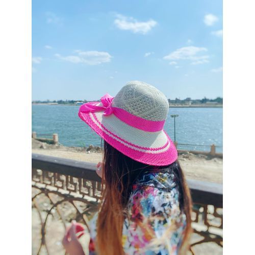 product_image_name-Generic-قبعة بحر كبرة - قبعة شمس لونها بيج و فوشيا وردى مع سكارف فوشيا منقط رقيق لجميع المقاسات-7