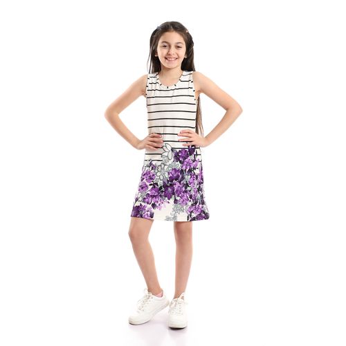 اشتري Kady Bi-Tone Striped Cotton Girls Dress - Multicolour Purple في مصر