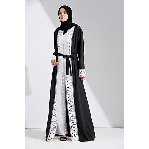 product_image_name-Sun Set-عباية كريب ناعمة جديدة فاخرة من الدانتيل الأبيض عباية فضفاضة ذات جودة ملابس مريحة - اسود-5