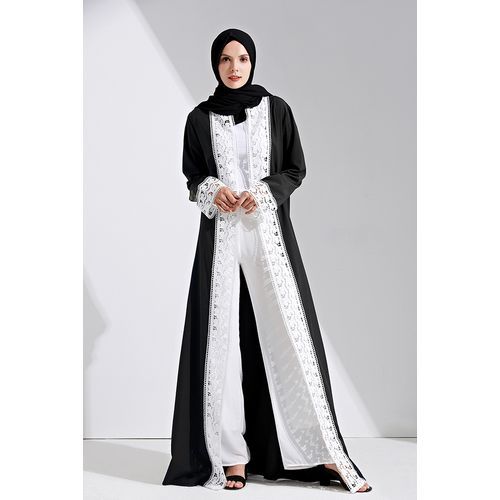 product_image_name-Sun Set-عباية كريب ناعمة جديدة فاخرة من الدانتيل الأبيض عباية فضفاضة ذات جودة ملابس مريحة - اسود-6