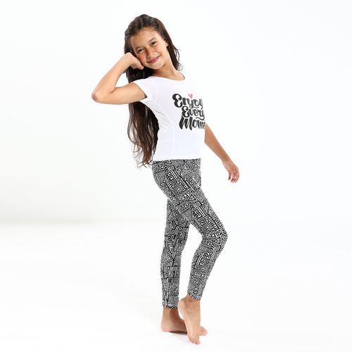 Buy Cottonil Girls Printed Tee & Patterned Pants Pajama Set - White & Black in Egypt