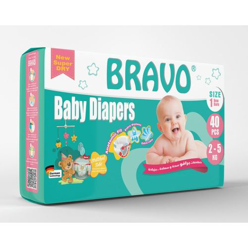 Buy Bravo New Born Diapers - Size 1 -  40 PcsBravo diapers are suitable for all ages, from birth to 4 years of age.It is characterized by its high quality.The different sizes of Bravo diapers fit the skin. Prevent from leaking. Protect from infections. It guarantees comfort all the time, in addition to the economic price for the Egyptian family. in Egypt