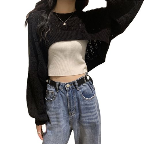 Fashion (Black)Women Knit Shrugs Cropped Sweaters Fashion Hollow