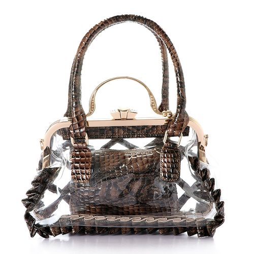 Generic شنطة يد بنقشة جلد الثعبان وشفافه - بني
