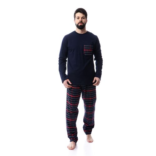 Dalydress Plaids Long Sleeves With Pocket Pajama Set - Navy Blue