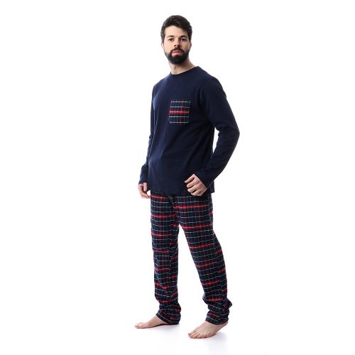 Dalydress Plaids Long Sleeves With Pocket Pajama Set - Navy Blue