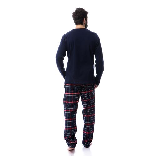 Dalydress Plaids Long Sleeves With Pocket Pajama Set - Navy Blue
