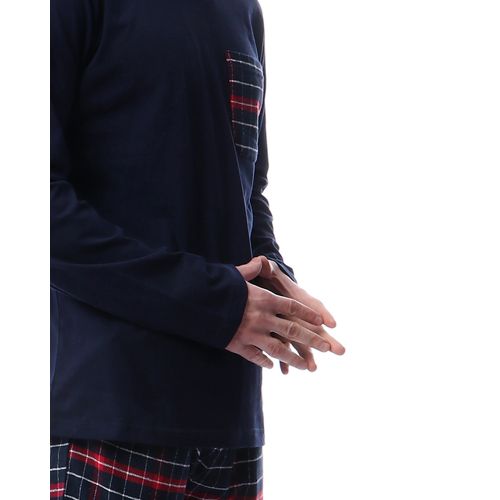 Dalydress Plaids Long Sleeves With Pocket Pajama Set - Navy Blue