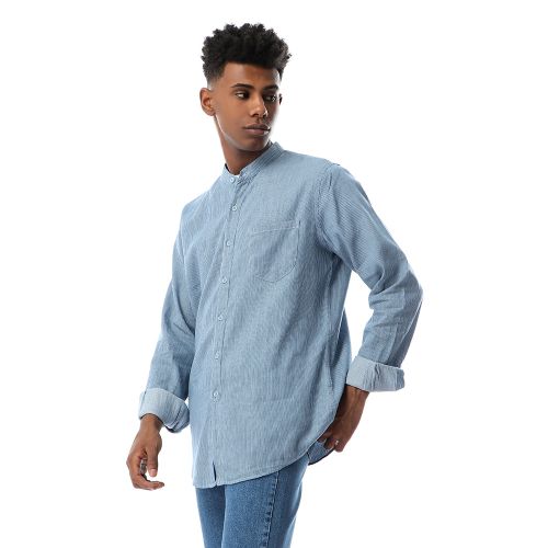 Ravin Buttoned Simple Thin Stripe Steal Blue Shirt