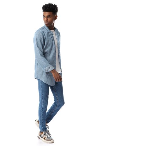 Ravin Buttoned Simple Thin Stripe Steal Blue Shirt